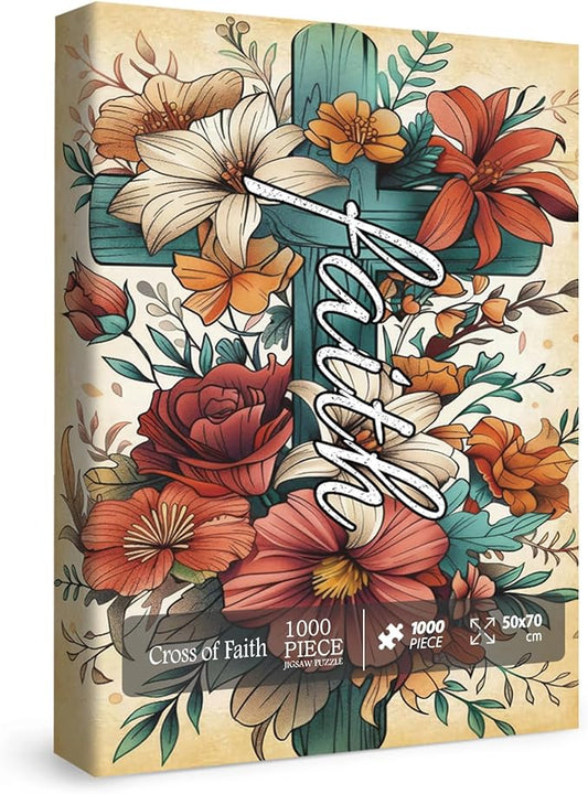 Vintage Flower Cross Puzzles for Adults 1000 Pieces, Christian Religious Floral Jigsaw Puzzles, Pretty Catholic Art Puzzles