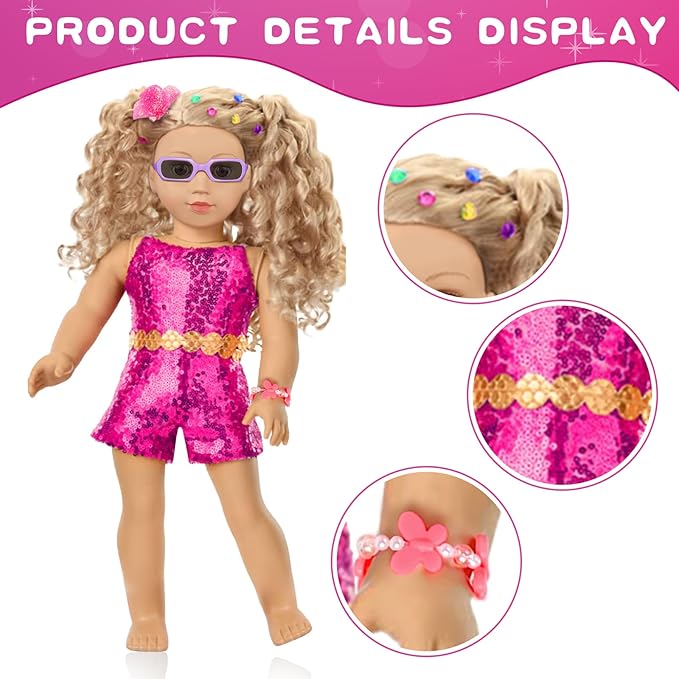 18 Inch Girl Doll Clothes and Makeup Accessories Playset, Included 2 Sets Doll Clothes, Gauze Skirt, Sunglasses, Belt, Stickers, Hair Clips, Bracelets, Eyeshadow, Lipstick, Blush (No Dolls and Shoes)