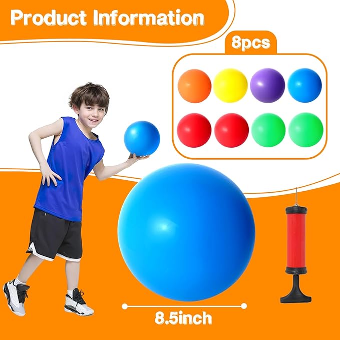 Amor Present 8PCS Inflatable Playground Balls, 8.5Inch Bouncing Sensory Balls with Hand Air Pump, for Kids Birthday Parties