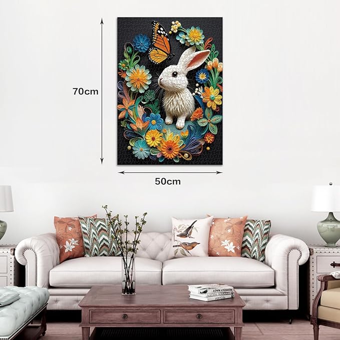 1000 Piece Flowers & Rabbit Jigsaw Puzzle, White Bunny with Monarch Butterfly & Colorful, 19.7x27.6 in for Adults & Teens 14+ (Flowers & Rabbit)