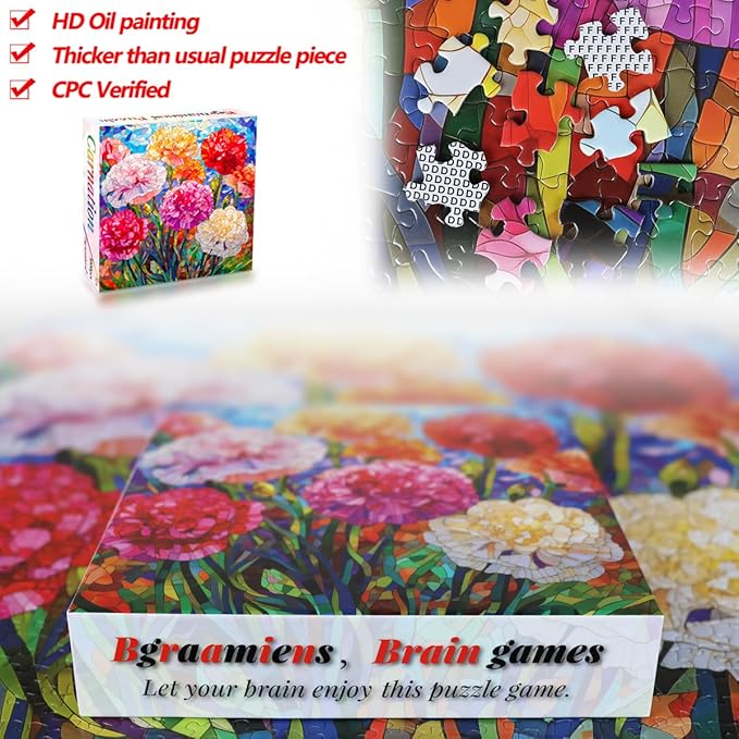 Bgraamiens 1000 Pieces Stained Glass Puzzle - Carnations Art Puzzle with Blooming Flowers, Color Challenge for Adults