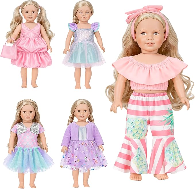 5 Sets Doll Clothes for 18 inch Dolls Baby Doll Accessories Outfit with Dress Skirt Pant Bag and Hairband for Birthday Gifts (18in-Style 1)