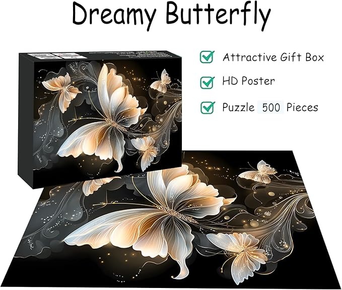 Puzzles for Adults 500 Pieces, Butterfly Jigsaw Puzzles - Dreamy Butterfly, Impossible Diamond Art Puzzle for Seniors Families, 20.47x14.96 Inches, 1:1 Poster, Letter On The Back