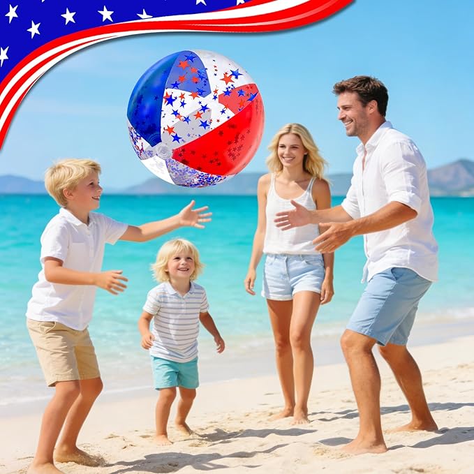 5 Pack Patriotic Sequins Beach Ball 24 Inch 16 Inch Pool Toys Balls Giant Red White and Blue Stars Glitters Inflatable Clear Beach Ball Swimming Pool Water Beach Toys Outdoor 4th of July Party Favors