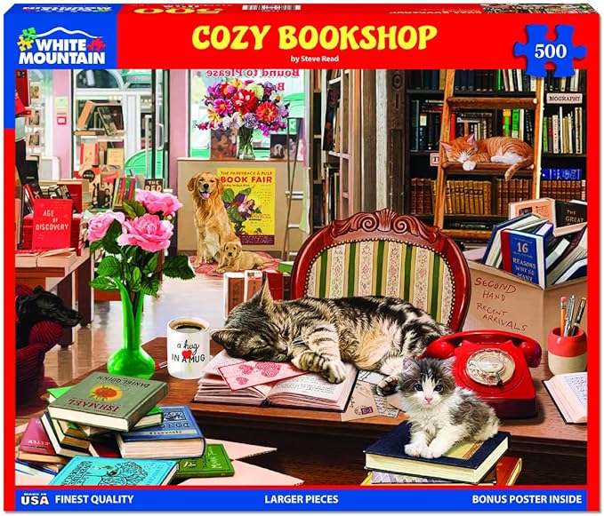 White Mountain 500 Piece Jigsaw Puzzle Cat & Dog Book Puzzles with Large Pieces Gift for Adults 18"x24" - Cozy Bookshop