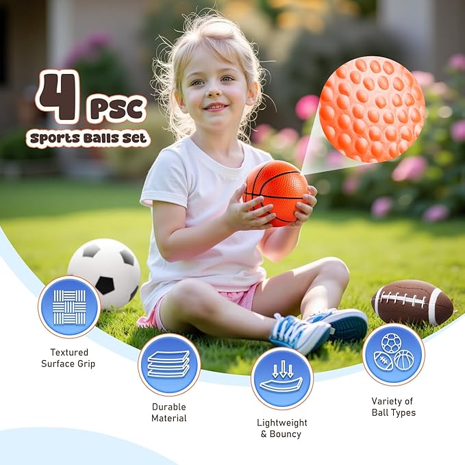 EVERICH TOY Balls for Toddlers 1-3, 4 Pcs 5" Playground Balls for Kids, Soft Rubber Small Sports Ball Set with Football, Basketball, Soccer, Indoor Outdoor Toddler Toys Games Gifts for Boys Girls