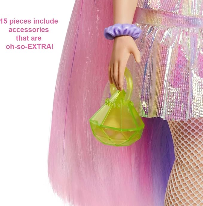 Barbie Extra Doll & Accessories with Shimmery Look, Pink & Purple Fantasy Hair & Neon Beanie with Pet Puppy