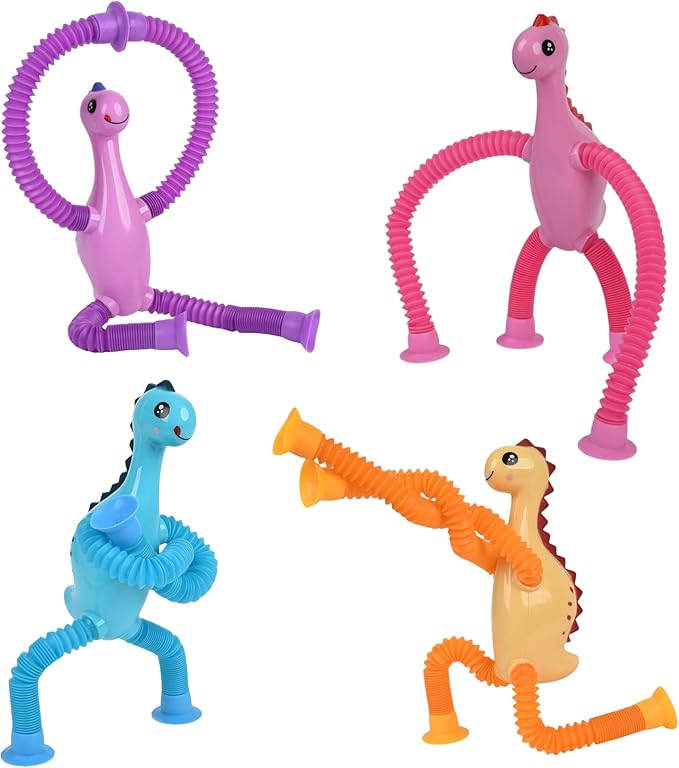 Dinosaur Pop Tubes Fidget Toys, 4 Pack Telescopic Suction Cup Toy for Kids Toddlers, Animal Autism Sensory Toy for Boys Girls, Funny Stocking Stuffers for Boys Girls Christmas Birthday Gift