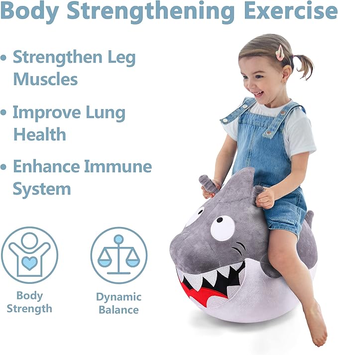 iPlay, iLearn Bouncy Pals Kids White Shark Hopper Ball, Toddler Ride on Bounce Toy, Outdoor Indoor Inflatable Jumping Animal W/Handle, Bouncing Hop Jumper, Birthday Gift for 2 3 4 5 Year Old Boy Girl