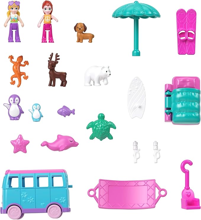 Polly Pocket Micro Dolls and Transforming Camper Van Vehicle, Accessories Include Pets and Toy Car, Pet Mobile Adventure Playset