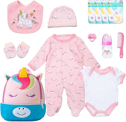 13 Pcs Reborn Baby Dolls Girl Clothes Accessories Pink Unicorn Theme Outfit Set for 17-22 Inch Reborn Dolls Newborn Girl with Unicorn Backpack Diaper