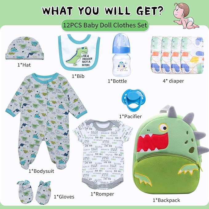 12 Pcs Reborn Baby Doll Clothes Accessories for 17-22 Inch Toddler Doll Boy Dinosaur Outfits with Backpack Diapers Reborn Baby Accessories Green Babydoll Clothes