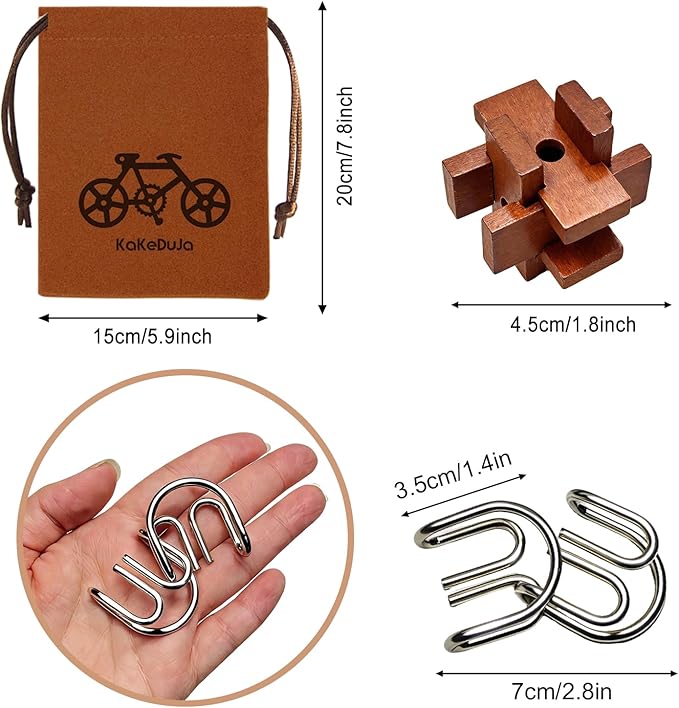 42 Pcs Brain Teaser Puzzles Set for Adults Kids – Vintage Wooden & Metal 3D IQ Game, Challenging Disentanglement Logic Puzzles, Family Party Favor Portable Travel Pouch Set