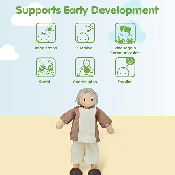 PlanToys® Grandfather Wooden Dollhouse Figurine | Poseable 1:12 Scale Mini Doll (Fair Skin Tone, 5 Inch) | Dollhouse Accessories for Pretend Play | Eco-Friendly Montessori Toy for Kids Ages 3+