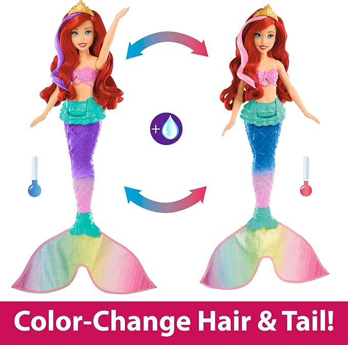 Mattel Disney Princess Toys, Ariel Swimming Mermaid Doll with Color-Change Hair and Tail, Water Toy Inspired by the Mattel Disney Movie