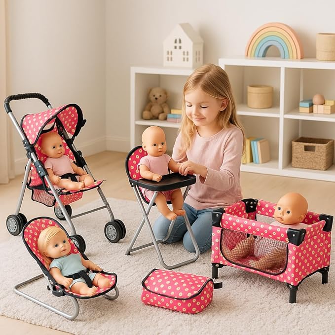 fash n kolor 4 Piece Doll Play Set, Includes - 1 Pack N Play. 2 Doll Stroller 3.Doll High Chair. 4.Infant Seat, Fits Up to 18'' Doll (4 Piece Set)