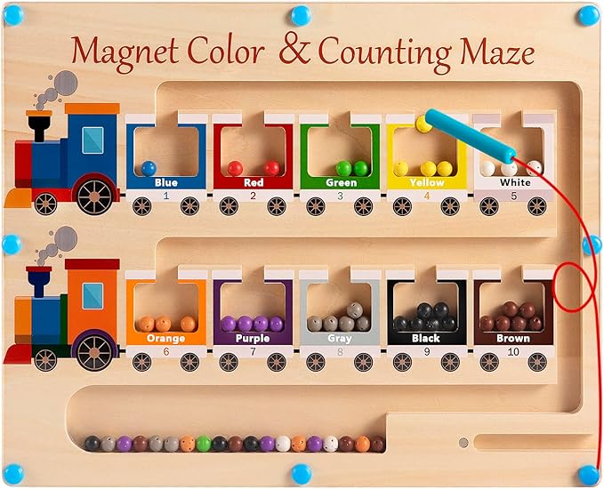 Poycuna Magnetic Color and Number Maze Board Wooden Montessori Fine Motor Skills Toys for 3 4 Year Old Preschool Learning Activities Classroom Must Haves Sorting Travel Toys for Toddlers Boys Girls