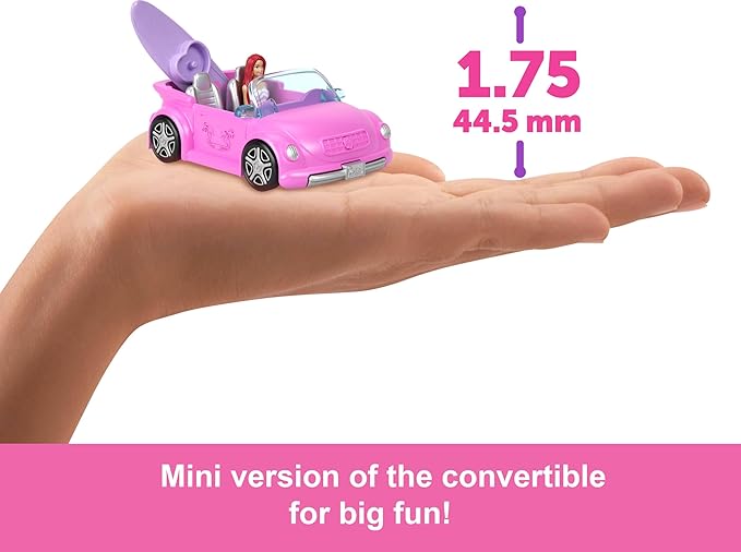 Barbie Mini BarbieLand Doll & Toy Vehicle Set, 1.5-inch Doll & Beach Convertible with Color-Change, Plus Beach Accessory