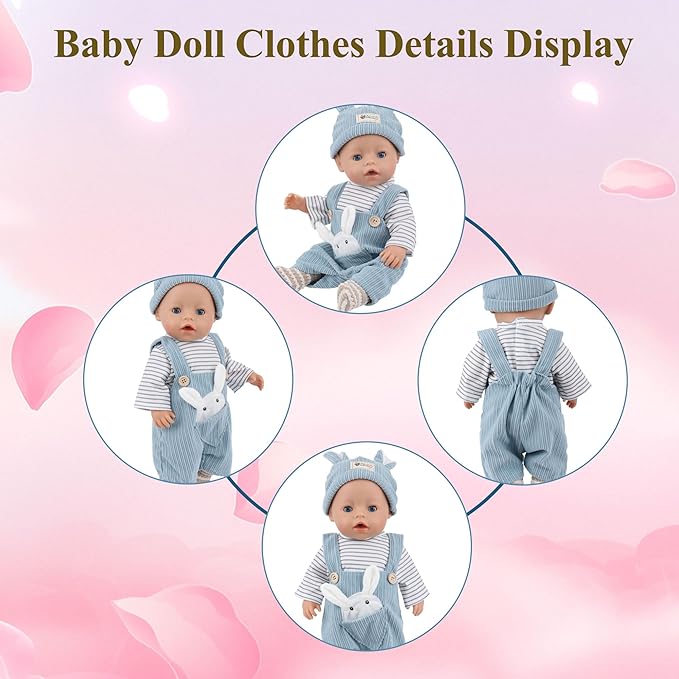 Reborn Baby Doll Clothes Set for 14-18 inch Dolls, Soft Doll Clothes Outfit with Tops, Pants, Rabbite Hat, Socks & 2 Hangers, Accessories for Newborn Reborn Dolls(Not Dolls)