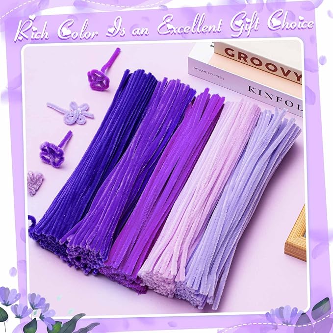 Peryiter 500 Pieces Pipe Cleaners Chenille Stems for Flowers Craft Supplies Bulk Fluffy Fuzzy Sticks for DIY Art Projects Creative Gift Wrapping Party Decorations(Purple,12 Inch)