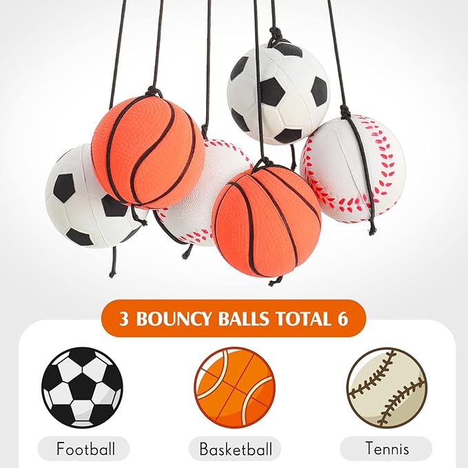 Skylety 6 Pcs Wrist Return Ball on a String 2.48 Inch Rebound Sport Balls with Elastic Strap Soccer Basketball Baseball Practice Party Favors Wrist Exercise and Fun Play for Kids Adults