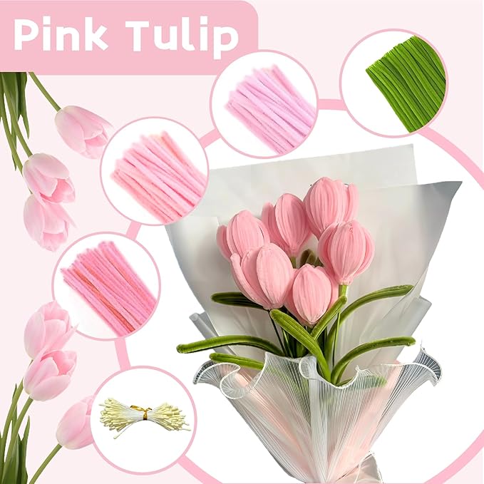 CllyCnny Pipe Cleaners Craft - 400 PCS Chenille Stems Flower DIY Kit Green Pink Pipecleaners Bulk with Stamens Floral Stems Tapes Ribbons Instructions for Tulip Bouquet Making Arts and Crafts Supplies