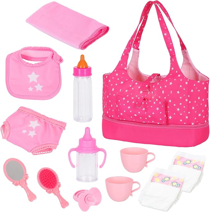 ECORELF Baby Doll Accessorie, 13 Pcs Doll Stuff Acessories Storage Diaper Bag Set for 14-18 Inch Dolls, Feeding and Caring Set Includes Diaper, Bottle etc Suitable Pretend Play
