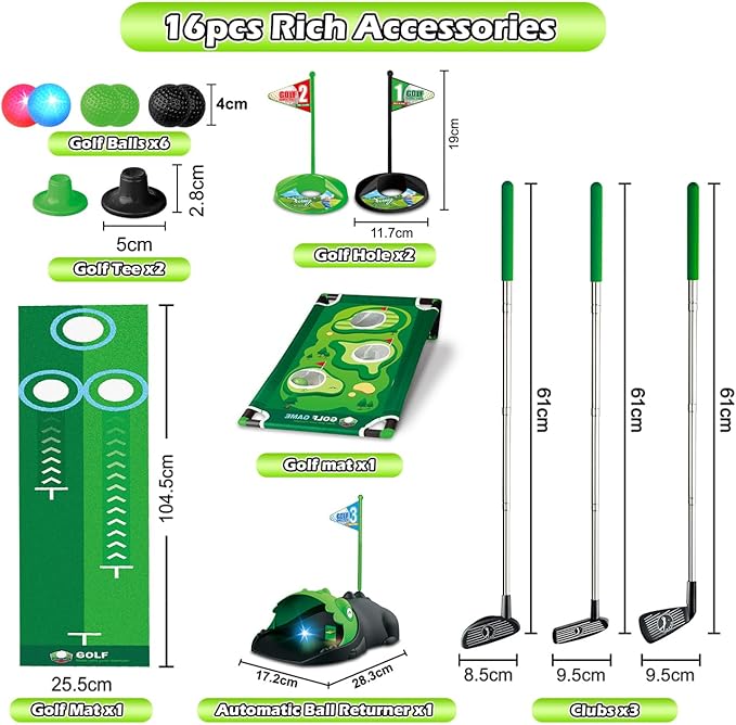 3 in 1 Kids Golf Set with Dinosaur Automatic Golf Returner, Golf Cornhole Board, Led Light Up Balls, Putting Mat, 3-8 Toddler Mini Golf Games, Indoor Outdoor Golf Toys Gift for Boys Girls 3+