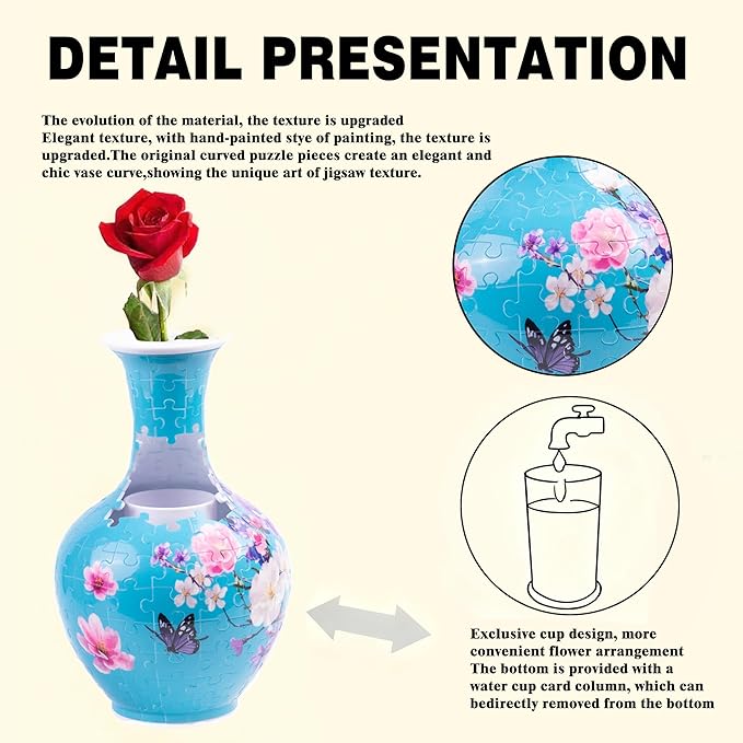 3D Puzzle Vase for Adults, 164 Piece Unique Flower Vase, Crafts for Adults, Home Decor Gift for Flower Arrangements