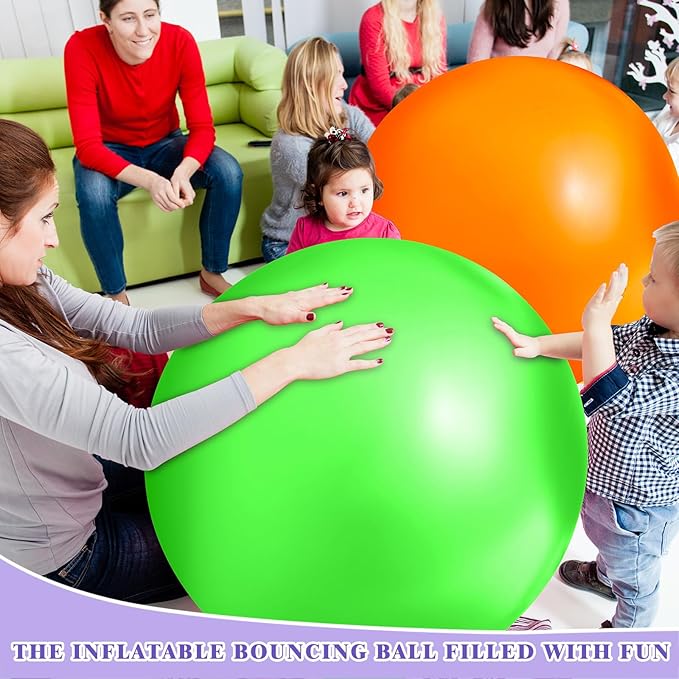 Jenaai 2 Pcs 30 Inch Large Bouncy Balls Giant Inflatable Rubber Kickballs Big Outdoor Exercise Jumping Hopping Ball for Outdoor Activity Sports Party Decor(Orange, Green)