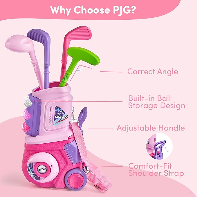 PJG Toddler Golf Set, Plastic Kids Golf Clubs Ages 1 2 3 4 5 Years Old with 4 Golf Clubs and 10 Balls, Indoor and Outdoor Golf Toys with Cart for Boys Girls Birthday Gift (Pink with mat and Cornhole)