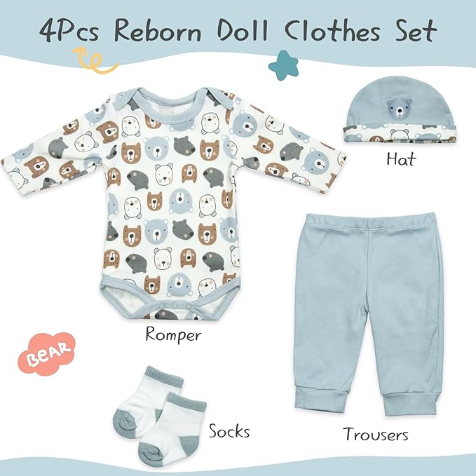 Reborn Baby Dolls Clothes Boy Bear Head 4 Pcs Set for 17-22 Inch Newborn Baby Dolls Boy Clothes Accessories Outfits