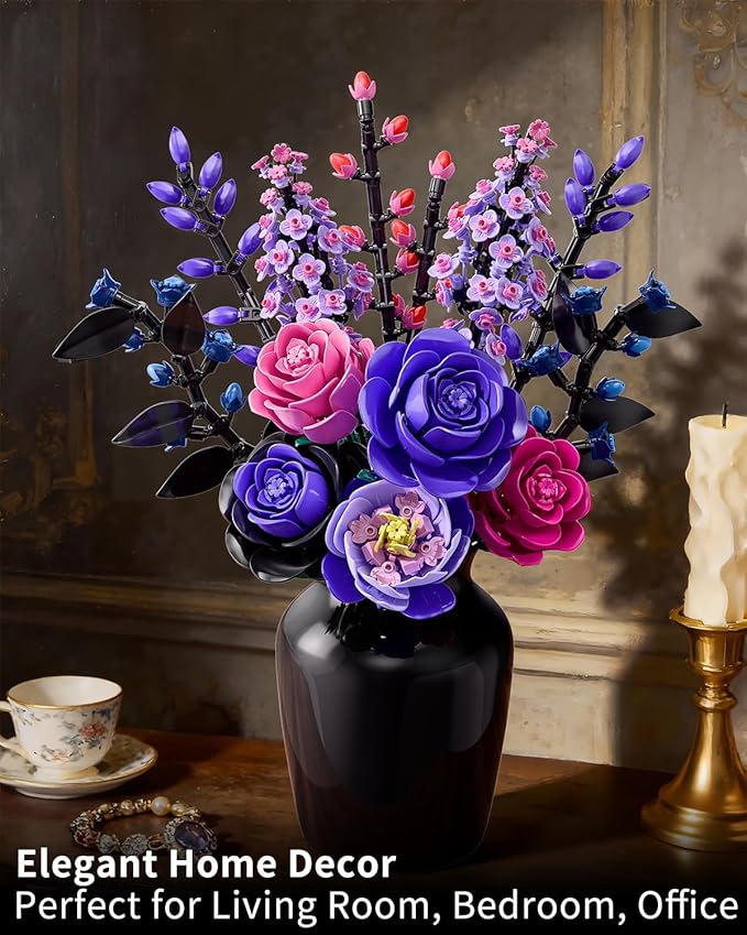 Flowers Bouquet Building Set - Purple Roses Botanical Collection Building Blocks for Adult Women, Artificial Flowers Gothic Home Decor Mother's Day Birthday Gift for Adults Kids Girls 6-12 (806PCS)