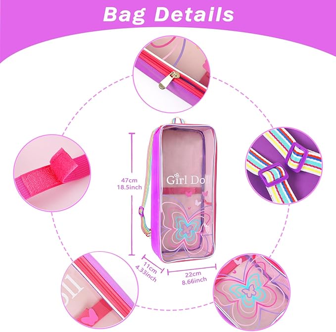 Ecore Fun 18 Inch Doll Carrier Backpack, 7Pcs Travel Doll Clear Display Storge Bag with Doll Clothe and Accessories for Take Doll Out, Girl Birthday Gift