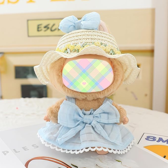 Clothes for Lu bubu 17cm Dolls Accessories (No Doll), Kawaii Hat Skirt Outfit Set 3 Pieces for 17cm Dolls Suit, Stylish Flower Doll Hat Clothing Set Replacement Blue