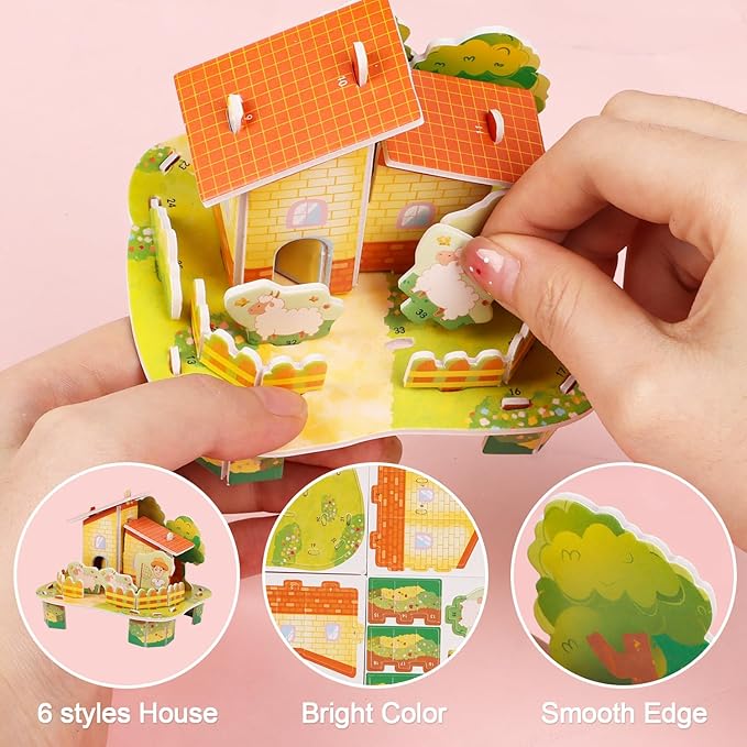 CCINEE 6 Pack 3D Puzzles for Kids Gift, Cartoon Paper Foam Puzzles Toy for Girls and Boys DIY Jigsaw Toys Mini House for School Family Craft Activity Easter Basket Stuffers Party Favors