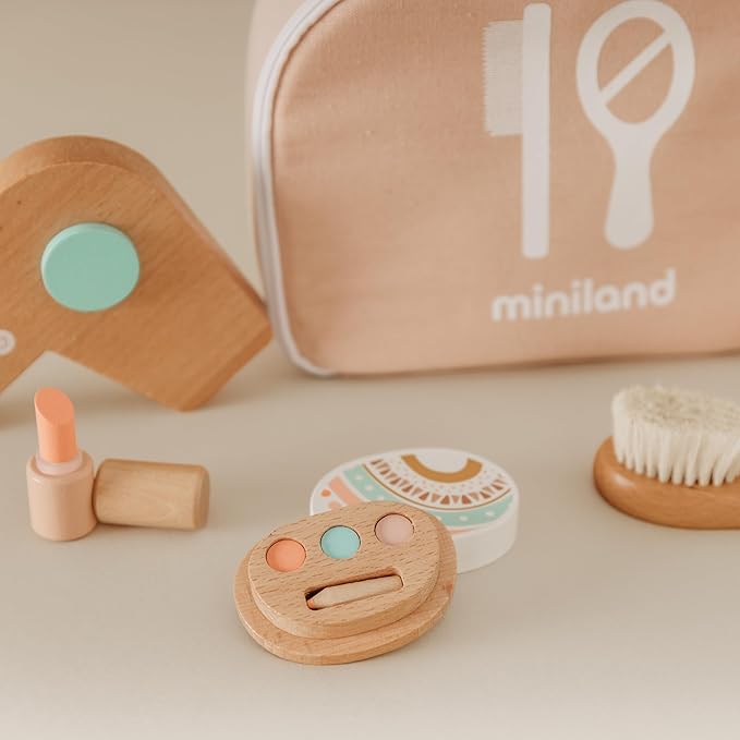 Miniland Doll Wooden Beauty Set - Quality accesory Set with 6 Wooden Pieces and 1 Carry case to Storage for Children from 3 to 6 Years