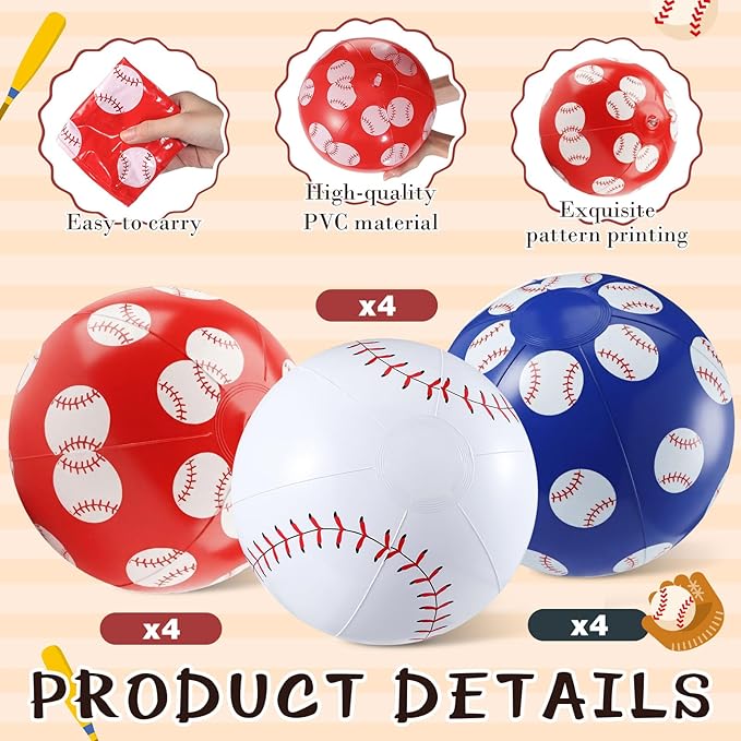 12 Pack Baseball Themed Beach Ball 7.87" Bulk for Summer Pool and Sports Beach Game Gifts and Birthday Party Supplies Decorations Favor
