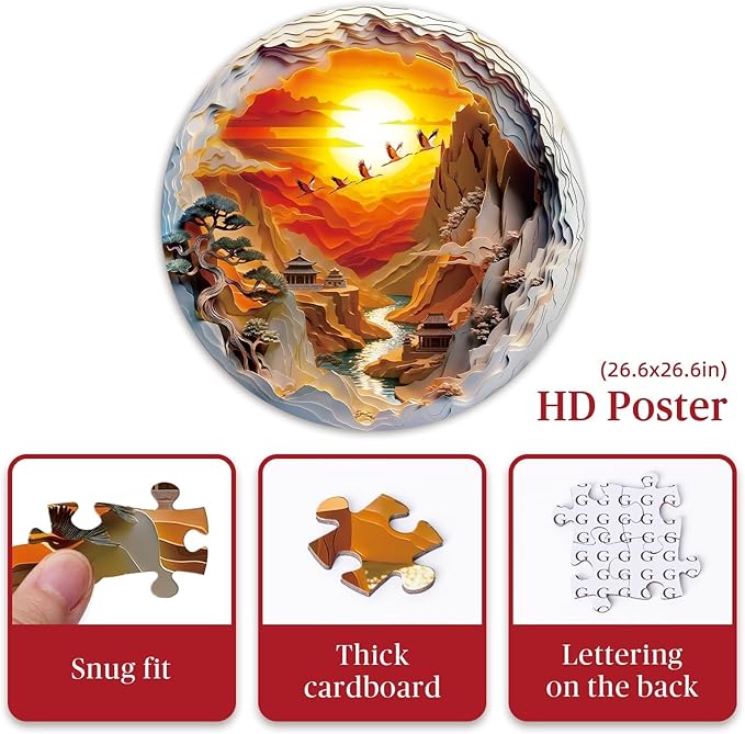 Round Jigsaw Puzzle 1000 Pieces - 3D Paper-Cut Style Golden Sunset - 26.6" Circular Challenge, Oriental Crane Landscape, Mindful Stress Relief Gift