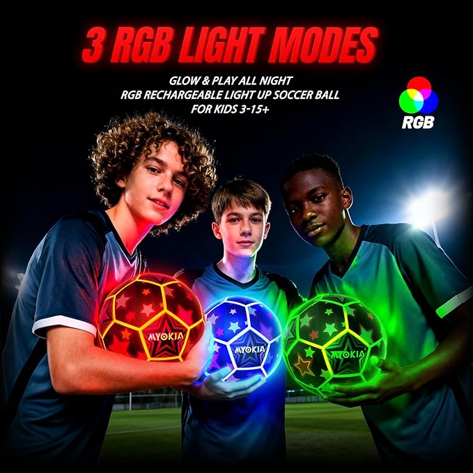 Light Up Soccer Ball Glow in The Dark Size 5 Indoor&Outdoor Sports Gifts Birthday Ideas for 3-15+ Boys, Girls, Teens with Pump & USB Cable, Tri-Color (Red, Green, Blue)，Outdoor Night Games
