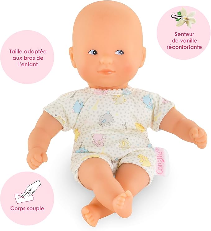 Corolle Mini Calin Bunnies Baby Doll - Small 8" Soft Body with Blue Eyes, Vanilla Scented, Baby Dolls for 2 Year Old Girls - Washable Doll