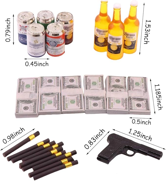 1 Set Mini Prop Miniature Beer Bottles Mini Beer Cans Miniature Money 100 Dollar Bills Model Set for 1/6 Scale Tiny Doll Assesories Dollhouse Decoration Figure Accessories (Set C)