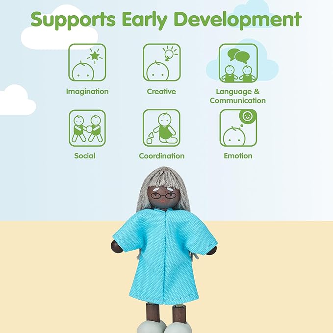 PlanToys® Grandmother Wooden Dollhouse Figurine | Poseable 1:12 Scale Mini Doll (5 Inch) | Dollhouse Accessories for Pretend Play | Eco-Friendly Montessori Toy for Kids Ages 3+