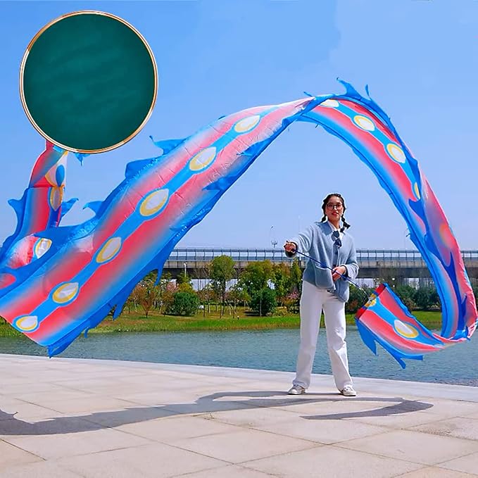 Square Exercise Dance Outdoor Flinging Fitness Dragon POI Wu Long 3D Real-Like Dragon Ribbon Streamer Set (32.8ft, Blue Phoenix)