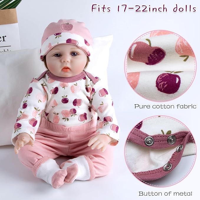9 Pcs Reborn Baby Doll Accessories Pink Clothing Set with Bassinet for 17-22 Inch Reborn Baby Dolls Clothes Girl Cute Apple Patterns