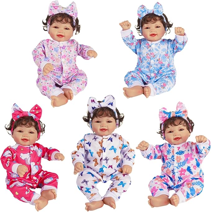 BABESIDE Reborn Baby Doll Clothes for 17-22 Inch Dolls, 5 Sets Baby Doll Clothes Outfits Accessories - Romper Suit and Headband for Baby Doll Boy&Girl Kids Age 3+ Gift