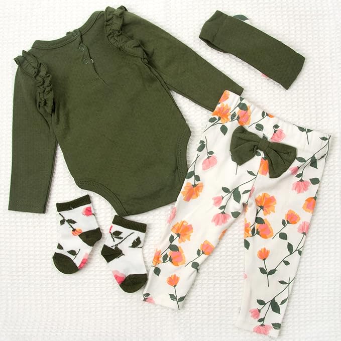 Reborn Baby Doll Clothes Outfit Accessories Army Green 4pcs Set for 17-22 Inch Reborn Doll Newborn Girl