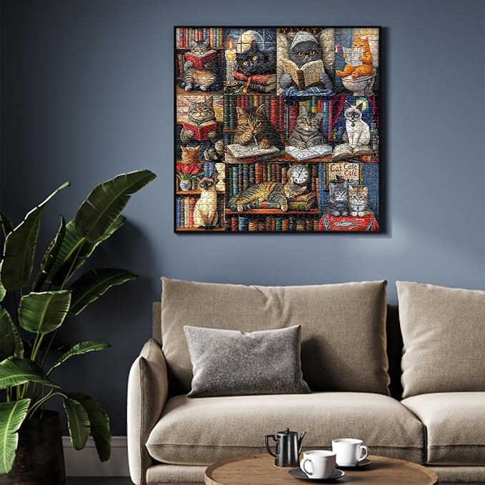 Vintage Cat Puzzles for Adults 1000 Pieces，PICKFORU Retro Cat Library Themed, Book Kitten Bookshelf Jigsaw Puzzles Collage Challenge
