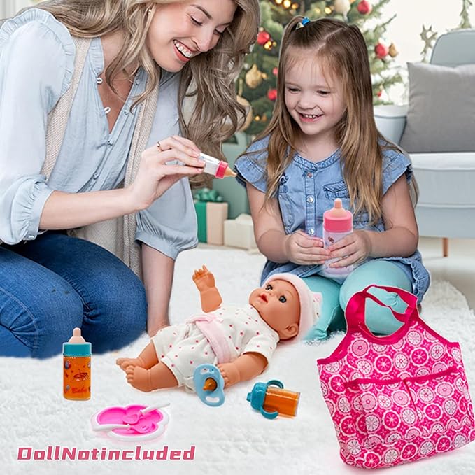 Baby Doll Accessories Magic Bottle Set - Doll Feeding Pretend Playset with Disappearing Milk & Juice Bottles,Handbag Pacifiers Bowl Diaper & Bib Doll Bottle Toys set Gift for Kids Girls Ages 3+
