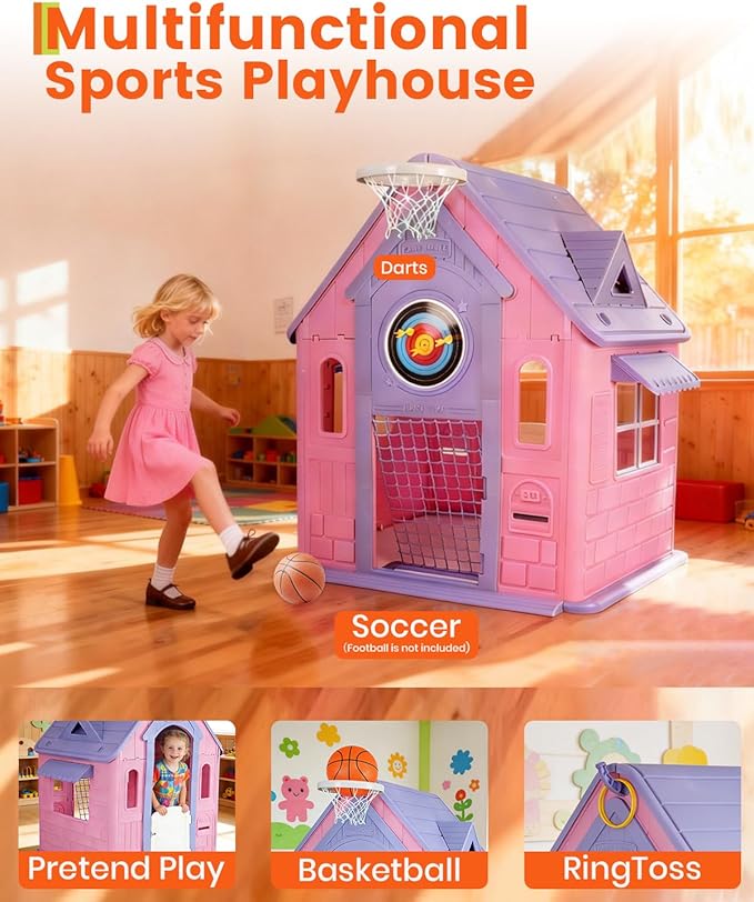 Kids Playhouse Cottage – 4-in-1 Activity Center with Magnetic Dartboard, Basketball Hoop, Soccer Goal & Ring Toss – Spacious Indoor/Outdoor Game House for Toddlers